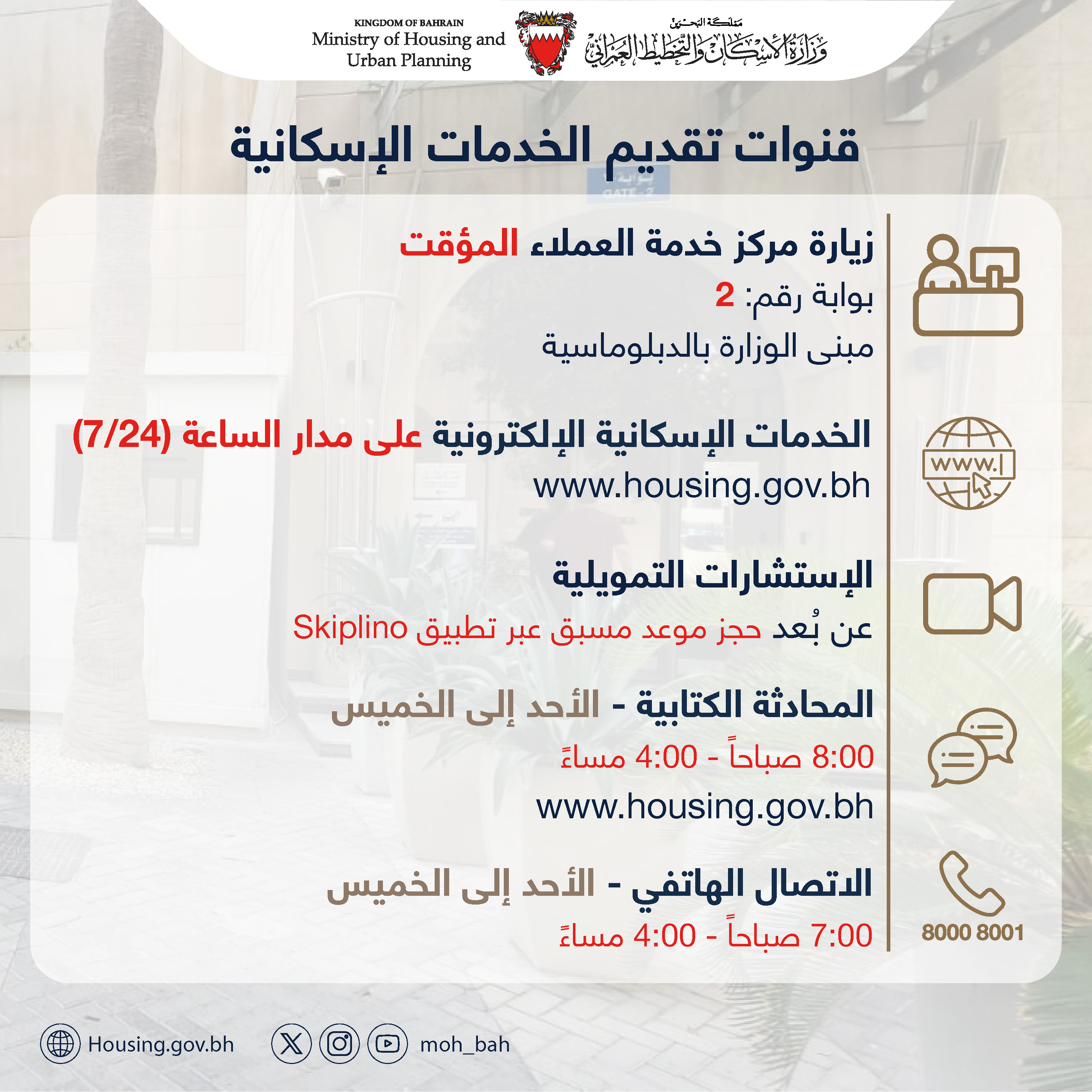 غلق مقر المركز الرئيسي مؤقتاً وتوفير مركز مؤقت بمبنى الوزارة لاستقبال المراجعين.. وزارة الإسكان والتخطيط العمراني تشرع في تنفيذ مشروع تطوير مركز خدمة العملاء