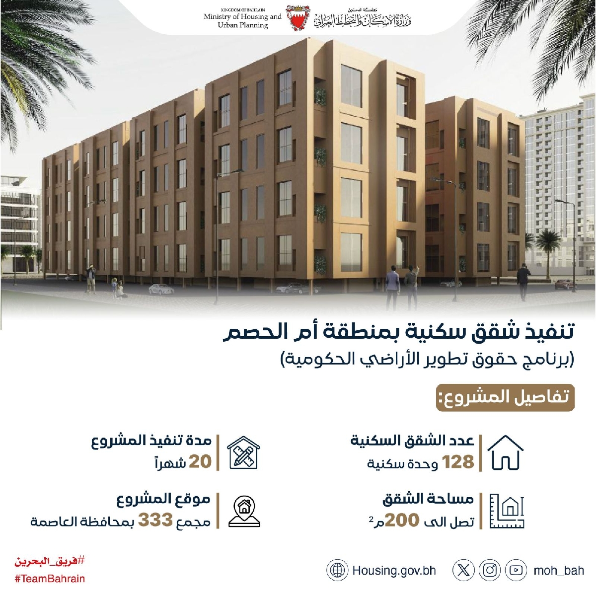 في إطار المشاريع المدرجة ضمن برنامج حقوق تطوير الأراضي الحكومية وزارة الإسكان والتخطيط العمراني تطرح مزايدة إنشاء 128 شقة سكنية بمشروع أم الحصم